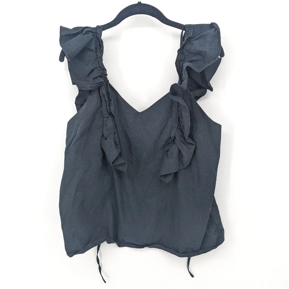 G Label by Goop Flutter Sleeve Top Black Large Tie Back Ruffle Shirt Boho Casual